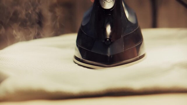 Housekeeper Pressing Clothes With Steam Technology. Domestic Chores And Apparel Care Routine