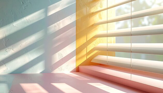 "Close-up of window blinds with sunlight streaming through slats casting striped shadows and warm gradient light patterns on wall, abstract natural composition highlighting interplay of light and shad