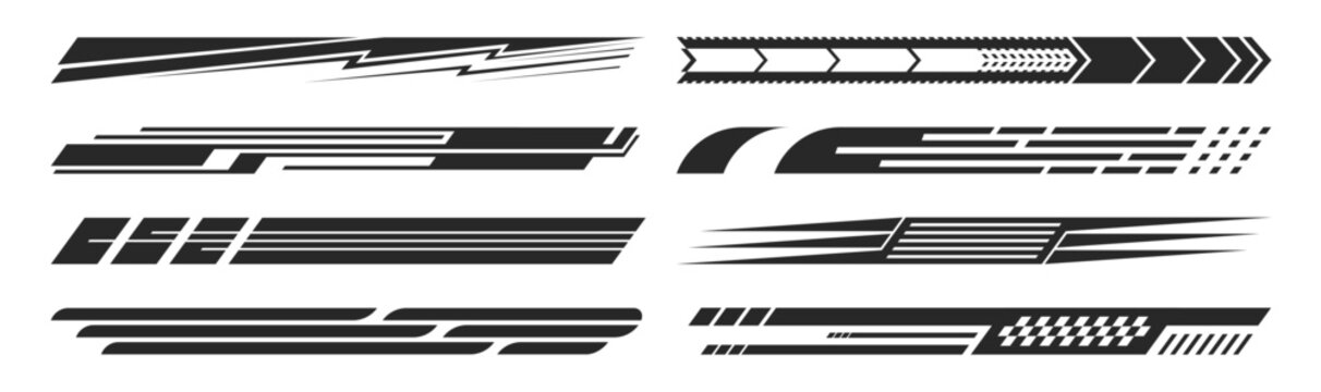 Sport racing stripe set. Black speed line decals car wrap, motorcycle sticker. Motion graphic turbo power element, finish ribbon, vehicle styling template modern motorsport decoration.