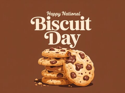 Happy national biscuit day illustration with a stack of delicious chocolate chip cookies on a brown background