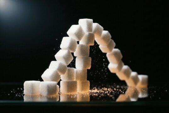 sugar cube tower forming glucose spike curve on dark glass, blood sugar concept metaphor