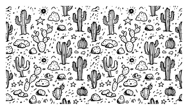 Seamless pattern with various cacti and desert stones in hand drawn sketch style