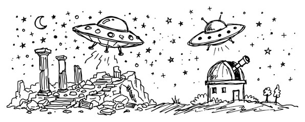 Alien spacecraft flying over ancient ruins and a star observatory in hand drawn sketch style © AnimalZOO