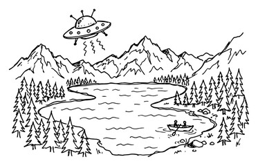 Fototapeta premium UFO hovering over mountain lake with pine forest and rowing boat hand drawn sketch style