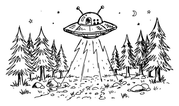 UFO beaming light down in pine forest at night hand drawn sketch style