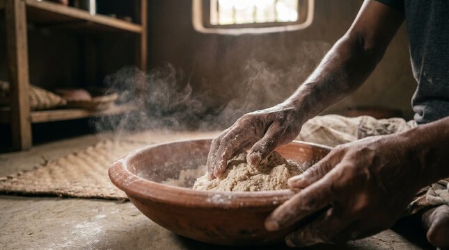 Hands of Rural Man Kneading Dough in Traditional Clay Bowl, Authentic South Asian Village Life and Food Preparation, Close-up of Flour Dust in Natural Light.