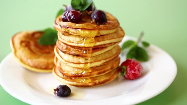 Stack of pancakes with berries and honey on white plate