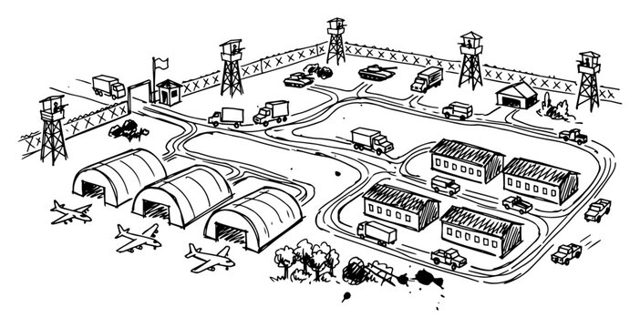 Military airbase aerial view with hangars airplanes and trucks hand drawn sketch style