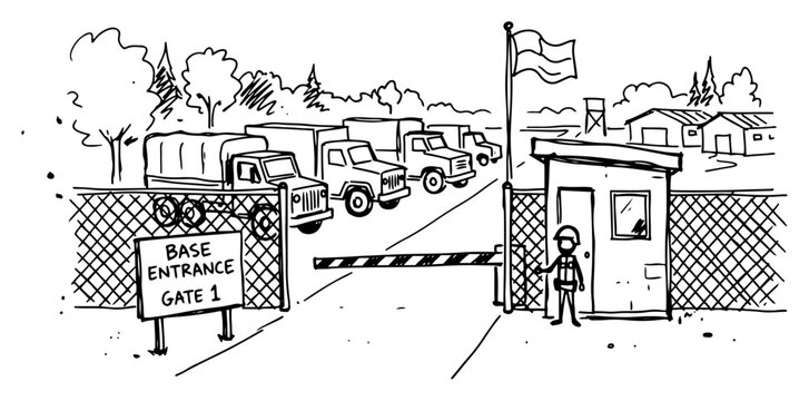 Military base entrance gate with guard and trucks in hand drawn sketch style