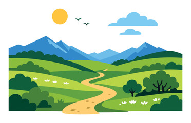 Obraz premium Countryside landscape with a winding road, sloping pastures, and distant peaks. Representing nature, journey, and freedom