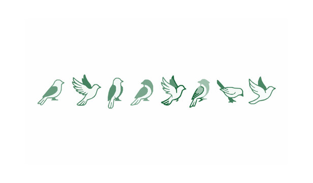 Minimal green outline bird icons set with eight small birds in simple linear style isolated on white background