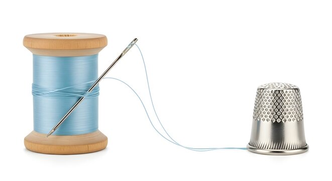 A spool of blue thread, a needle, and a thimble on a white background for sewing and crafting needs.