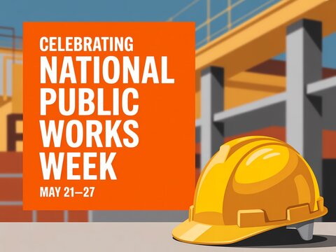 National public works week celebration poster with construction hard hat and building site background