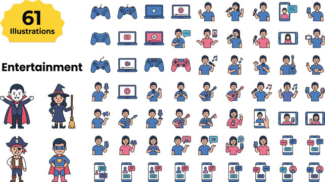 Set of 61 Illustrations Representing Entertainment, Including Characters, Game Controllers, Laptops, and Mobile Devices