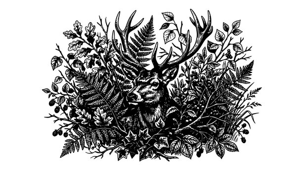 Deer forest sketch vector bundle with vintage wildlife and foliage detailed line art