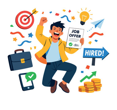 Happy man holding job offer, celebrating being hired, new job, career growth, and income increase