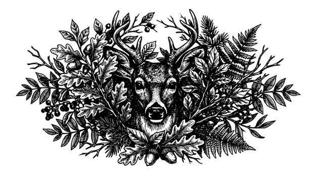 Classic deer engraving vector with woodland foliage and detailed nature line art