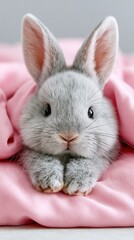 Fototapeta premium Gray baby rabbit resting on pink satin fabric closeup