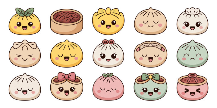 Cute cartoon baozi, steamed buns, dumplings, Asian food icons, 16 vector illustrations