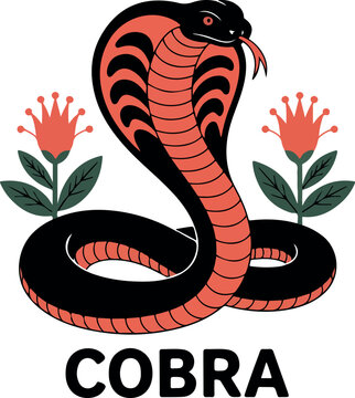 Stylized black cobra with coral flowers and text snake