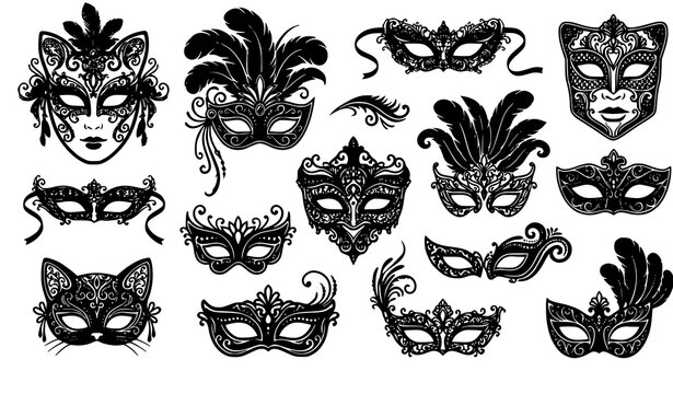 Trendy black masquerade mask vector bundle with Venetian carnival feather party elements