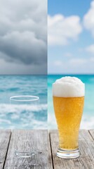 Fototapeta premium Glass and beer contrasted empty and full on wooden pier