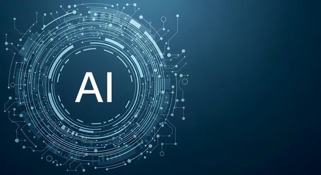 A futuristic AI graphic design with a circular pattern on a dark blue background