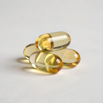 Closeup of four shiny transparent yellow gel capsules on white surface