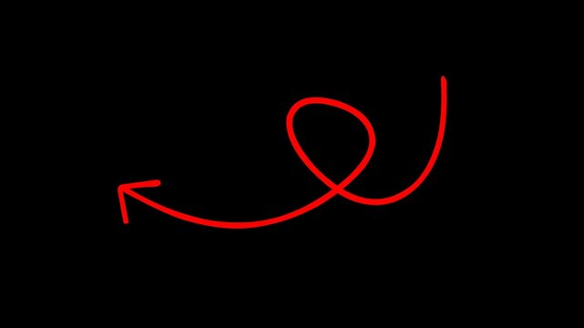 Animated hand drawn red arrow looping and pointing left on black background for creative storytelling highlights and professional video presentations or social media.
