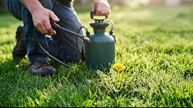 Man spraying weeds in a sunny garden with a pesticide sprayer.
