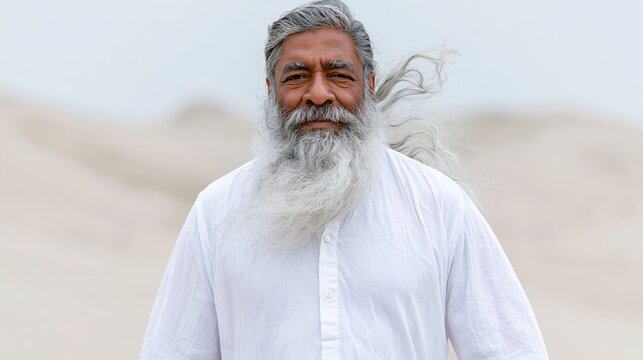 Elderly bearded man smiling and standing in windy desert dunes