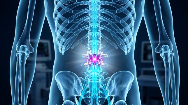 Lumbar spinal stenosis L3-L4-L5 severe compression of spinal canal in human torso rear view 3D medical glass visualization