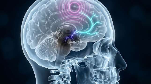 Parkinson disease brain cross-section 3D medical visualization of human head side profile, substantia nigra degeneration with dopamine pathway disruption in translucent glass anatomy