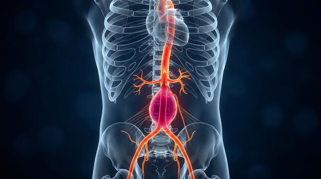 Abdominal Aortic Aneurysm Medical Visualization of Human Torso Anatomy with Translucent Skeleton, Aorta and Vascular System Model