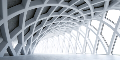 Obraz premium Futuristic interior design showcasing a white vaulted ceiling with a complex geometric lattice structure and large windows.