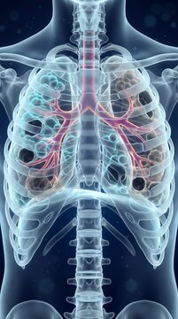 Emphysema and lung hyperinflation 3D medical visualization of human chest showing bullous lung disease and alveolar wall destruction in translucent anatomy model