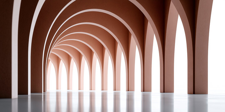 Minimalist architectural interior with long perspective of repetitive terracotta-colored rounded arches on a polished floor.