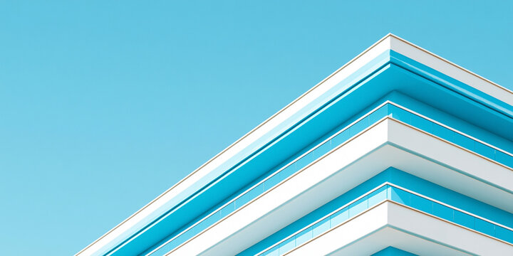 Minimalist architectural detail of white and blue building balconies against a clear bright blue sky.