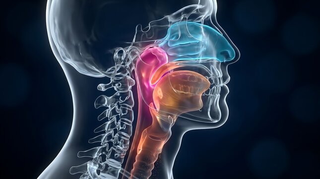Obstructive sleep apnea airway blockage 3D cross-sectional human head and neck anatomy translucent skull and cervical spine with upper airway collapse ENT medical visualization respiratory obstruction