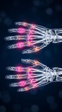 Rheumatoid arthritis hands 3D medical visualization of inflamed finger joints, wrist synovitis and bone erosion in translucent crystal anatomy render