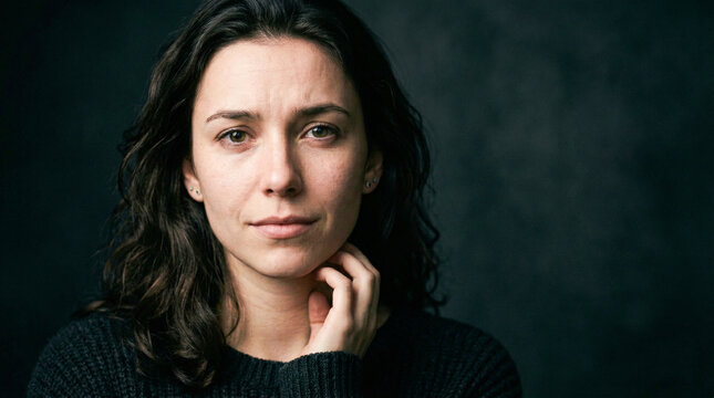 Moody studio portrait of a serious woman, pensive female face with dark wavy hair, emotional expression on dark textured background