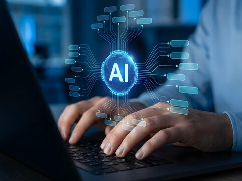 Machine learning system using semantic webs for boosting reliability and analytical thinking capabilities. Analyst using laptop workstation for smart business strategy.