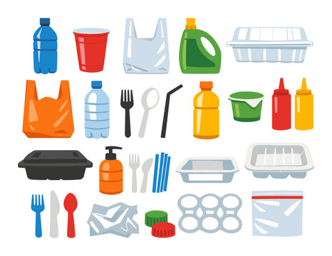 Single use plastic products like bottles, bags, cups, cutlery, and containers, representing waste, pollution, and recycling challenges