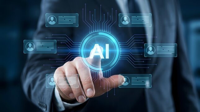 AI-powered candidate selection. Intelligent resume parsing and qualification assessment. Business executive using automated hiring technology.