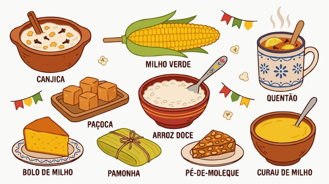 Traditional brazilian festa junina food set, including corn, canjica, paoca, arroz doce, quento, bolo de milho, pamonha, pdemoleque and curau
