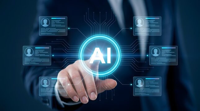 AI-powered candidate selection. Intelligent resume parsing and qualification assessment. Business executive using automated hiring technology.
