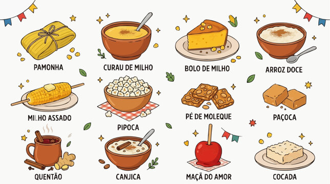 Traditional brazilian festa junina food set, including corn dishes, sweets, and drinks