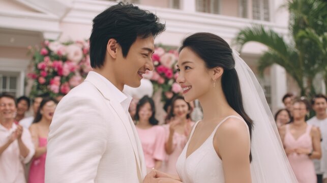 A joyful wedding scene capturing a couple in love. The bride and groom smile at each other surrounded by guests. A perfect blend of romance and celebration in soft colors. AI