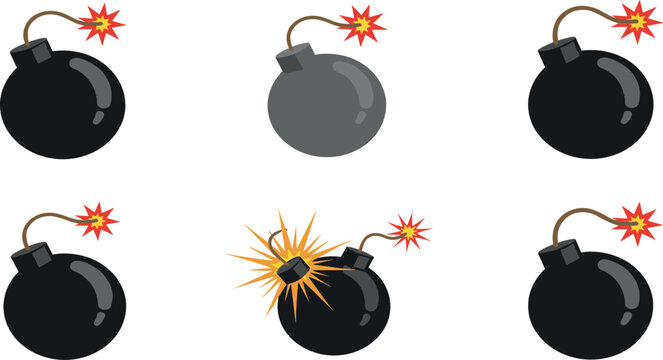 Cartoon bomb vector set with burning fuse and explosion sparks isolated on white background for game design