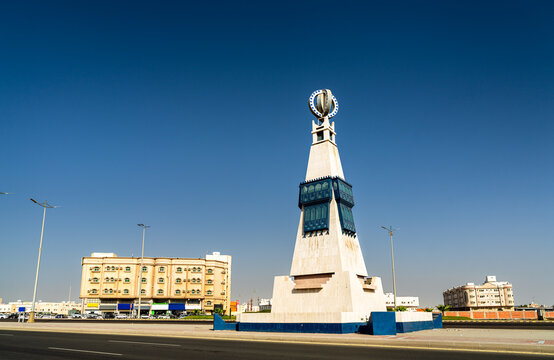 View of the iconic architectural monument with traditional blue windows located on King Abdulaziz Road in Yanbu, Saudi Arabia.